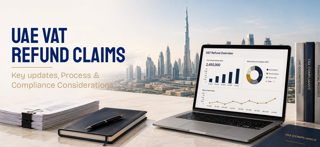 UAE VAT refund claims overview with refund data dashboard and Dubai skyline